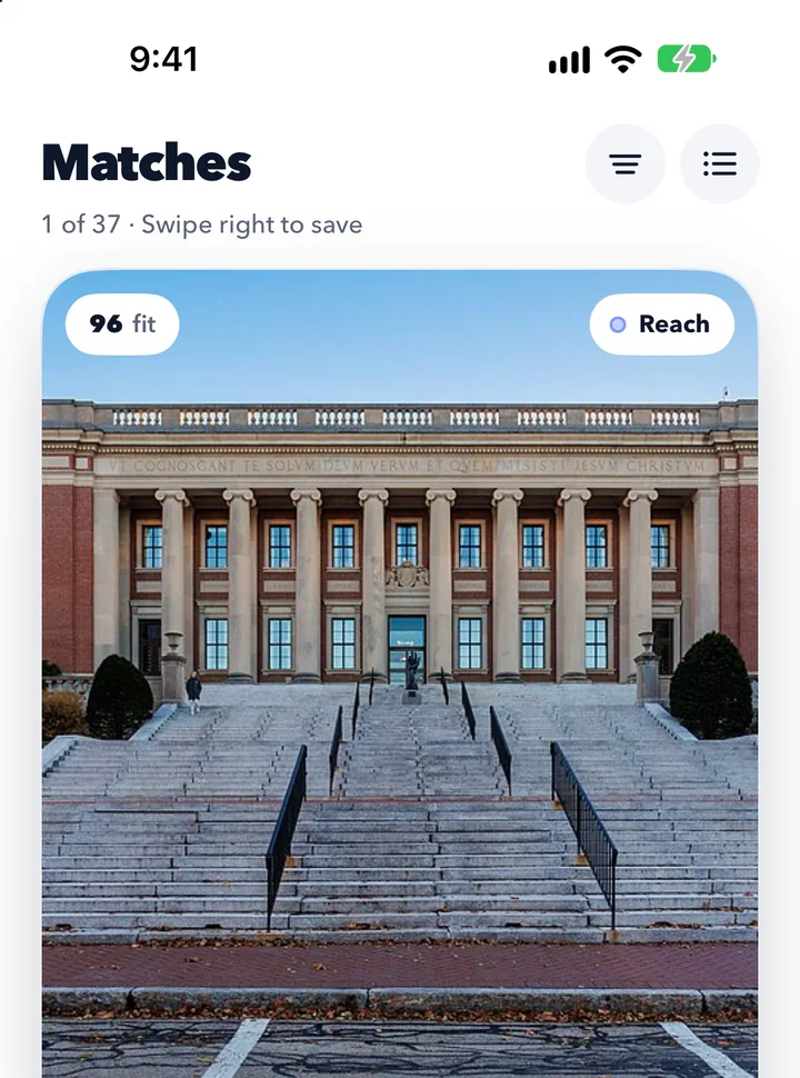 The matches screen: one college card at a time, with buttons to pass or save.