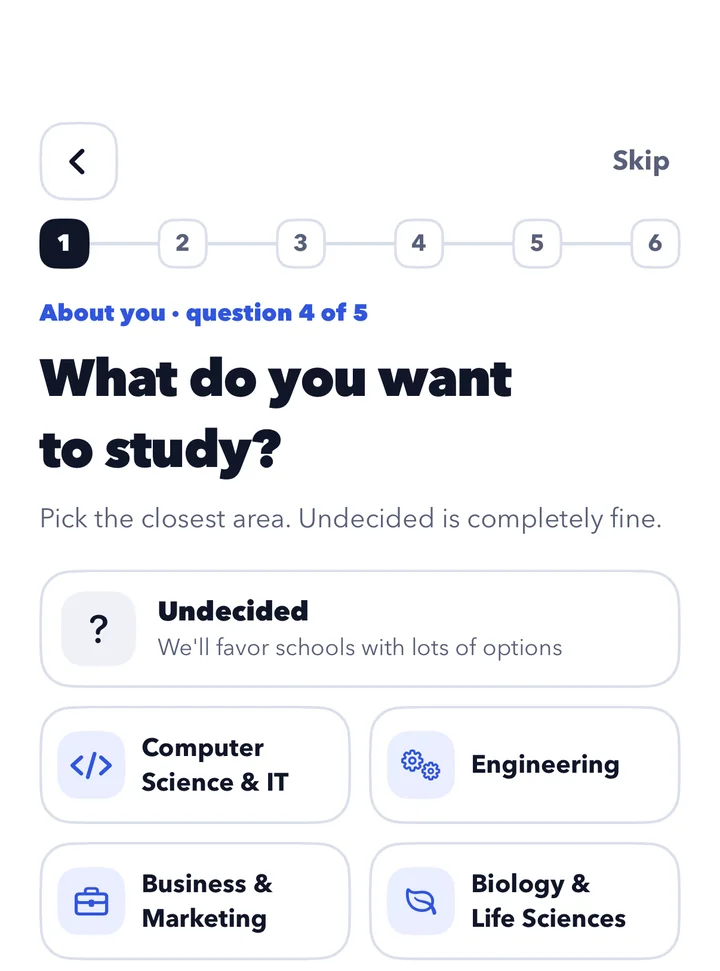 A survey question in the app: What do you want to study? with a grid of majors to pick from.